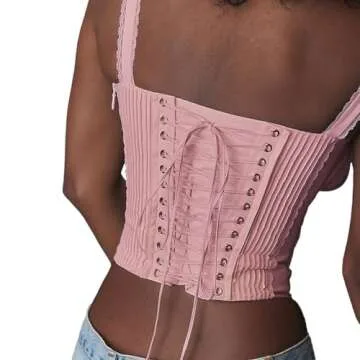 YADMISU Women's Lace Up Cami Corset Tops Cold Shoulder Zip Side Ties Back Sexy Going Out Bodyshaper Bustier Top,Pink,XS