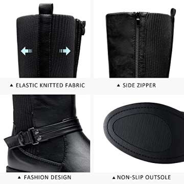 Vepose Women’s Riding Knee High Boots, Black Calf Tall Knitted Comfort Low Heel 955 Boots with Zipper, Size 7M US, (CJY955 Black 07)