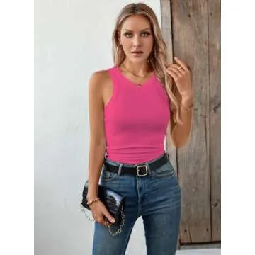 LOLONG Womens Hot Pink Stretch Ribbed Tank Top