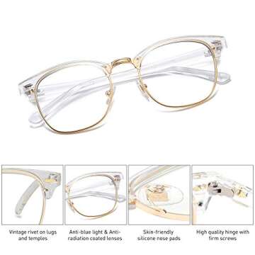 SOJOS Retro Semi Rimless Blue Light Blocking Glasses Half Horn Rimmed Eyeglasses SJ5018, Clear Frame/Gold Rim