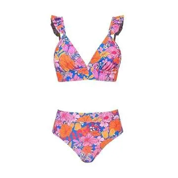 CUPSHE Women Bikini Sets 2 Piece Swimsuit High Waisted Bottom Floral Print Ruffle V Neck Bathing Suits