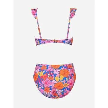 CUPSHE Women Bikini Sets 2 Piece Swimsuit High Waisted Bottom Floral Print Ruffle V Neck Bathing Suits