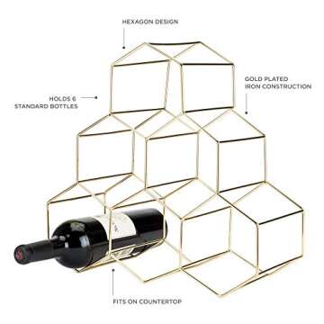 Viski Geo Countertop Wine Rack Freestanding, 6 Wine Bottle Holder for Wine Storage, Kitchen Decor, Wine Pantry Storage, 14.25", Gold