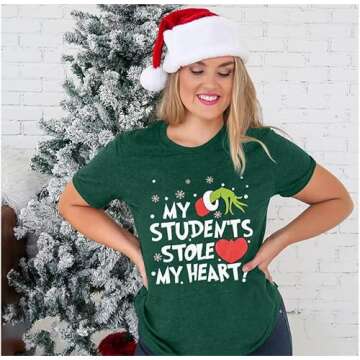 Christmas Teacher Shirt for Women My Students Stole My Heart Xmas Tshirt Short Sleeve Holiday Teacher Tee Tops Green