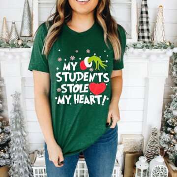 Christmas Teacher Shirt for Women My Students Stole My Heart Xmas Tshirt Short Sleeve Holiday Teacher Tee Tops Green