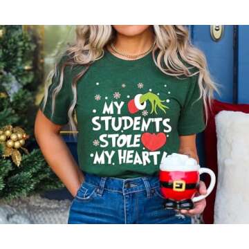 Christmas Teacher Shirt for Women My Students Stole My Heart Xmas Tshirt Short Sleeve Holiday Teacher Tee Tops Green