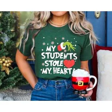 Christmas Teacher Shirt for Women My Students Stole My Heart Xmas Tshirt Short Sleeve Holiday Teacher Tee Tops Green