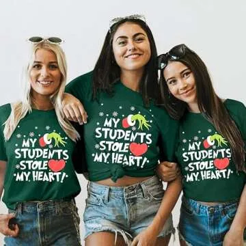 Christmas Teacher Shirt for Women My Students Stole My Heart Xmas Tshirt Short Sleeve Holiday Teacher Tee Tops Green