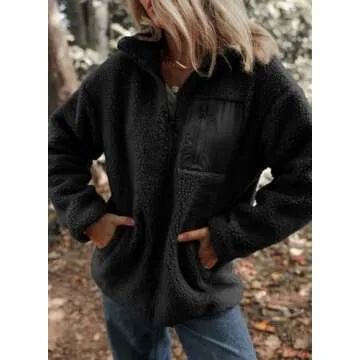 Dokotoo Women's 2024 Relaxed Fit Stylish Autumn Winter Coats Lapel Collar Open Front Full Zipper Up Fleece Sherpa Jackets Solid Color Daily Cute Comfy Long Sleeve Teddy Coats with Pockets Black Medium