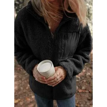 Dokotoo Women's 2024 Relaxed Fit Stylish Autumn Winter Coats Lapel Collar Open Front Full Zipper Up Fleece Sherpa Jackets Solid Color Daily Cute Comfy Long Sleeve Teddy Coats with Pockets Black Medium