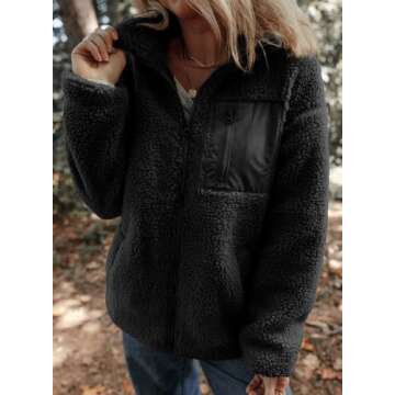 Dokotoo Women's 2024 Relaxed Fit Stylish Autumn Winter Coats Lapel Collar Open Front Full Zipper Up Fleece Sherpa Jackets Solid Color Daily Cute Comfy Long Sleeve Teddy Coats with Pockets Black Medium