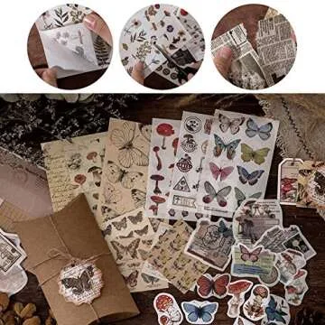 Knaid Vintage Scrapbook Supplies Pack, Decorative Plants Floral Butterfly Mushroom Nature Retro Paper Stickers Collection for Junk Journal DIY Arts Crafts Album Bullet Journals Planners