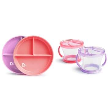 Munchkin® Stay PutTM Divided Suction Toddler Plates and Snack Catcher® Toddler Snack Cups, 2 Pack