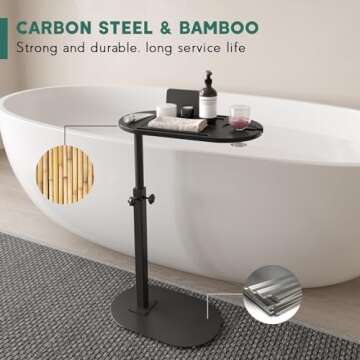 Yumkfoi Bathtub Tray Table with Carbon Steel Base, Freestanding Bath Tray for Tub Against Wall, Bathtub Caddy Hot Tub Table for Luxury Bath Home Spa Bath Accessories (Carbon Steel&Bamboo)