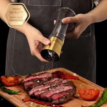 VEVOK CHEF Gold Salt and Pepper Grinder Mill Set Stainless Steel Pepper Shaker Adjustable Ceramic Coarseness Salt Grinder Black Pepper Spice Grinder Mill