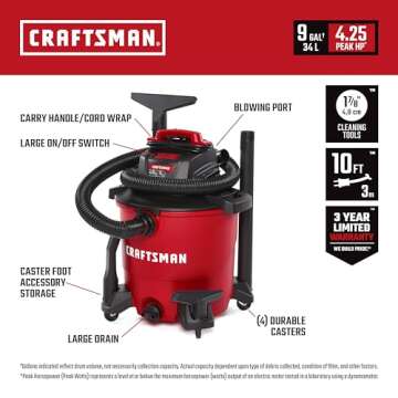CRAFTSMAN CMXEVBE17590 9 Gallon 4.25 Peak HP Wet Dry Vac, Portable Shop Vacuum Wet and Dry with Filt...
