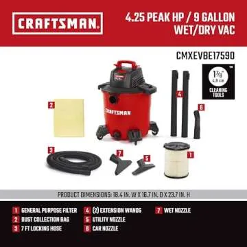 CRAFTSMAN CMXEVBE17590 9 Gallon 4.25 Peak HP Wet Dry Vac, Portable Shop Vacuum Wet and Dry with Filter, Dust Bag, Hose and Attachments for Home, Garage and Automotive Cleaning