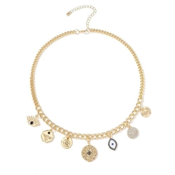 PEAINJ Chunky Gold Necklace for Women Charm 18K Gold Plated Necklace Evil Eye Pendant Chain Rhinestone Statement Jewelry 2
