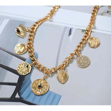 PEAINJ Chunky Gold Necklace for Women Charm 18K Gold Plated Necklace Evil Eye Pendant Chain Rhinestone Statement Jewelry 2