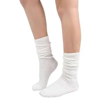 Women's Fall Winter Slouch Knit Socks, Basic Cotton Knit_rib_white 2pair, One Size