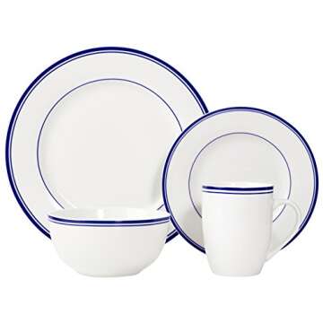 Amazon Basics 16-Piece Cafe Stripe Kitchen Dinnerware Set, Plates, Bowls, Mugs, Service for 4, Blue