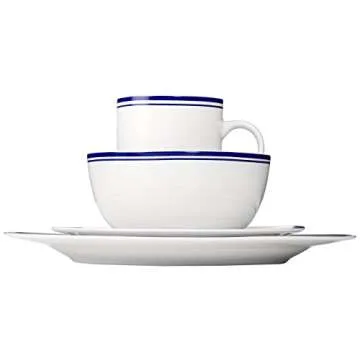 Amazon Basics 16-Piece Cafe Stripe Kitchen Dinnerware Set, Plates, Bowls, Mugs, Service for 4, Blue