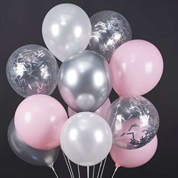 PartyWoo Pink Balloons Set, 60 Pcs Pink & White, Silver Metallic & Confetti, Latex, Birthday Party D...