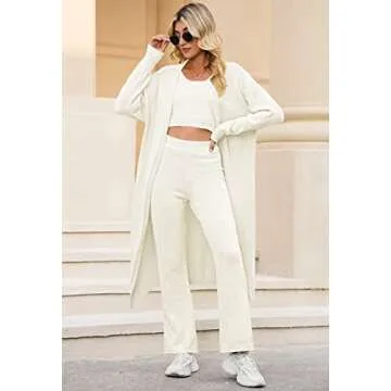 Linsery Women Fleece 3 Piece Pajamas Set Open Front Cardigans Crop Tank Top Wide Legs Pants Winter Outfits White L