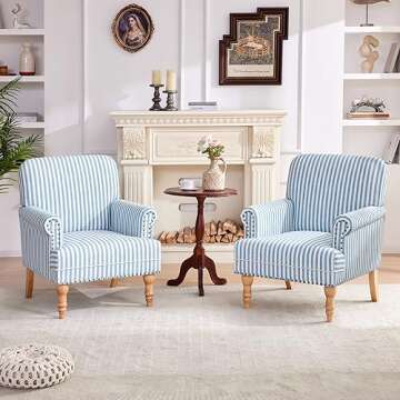 HUIMO Linen Fabric Accent Chairs Set of 2, Mid-Century Modern Armchair with Solid Wood Legs, Single Sofa Chair,Upholstered Reading Club Chair (2, Blue and White Stripe)