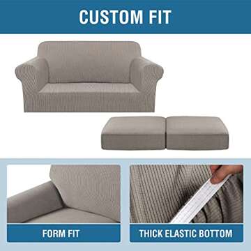 H.VERSAILTEX 3 Piece Stretch Sofa Covers for 2 Cushion Loveseat Couch Covers for Living Room Furniture Cover (Base Cover Plus 2 Seat Cushion Covers) Thicker Jacquard Fabric(Medium Sofa, Taupe)