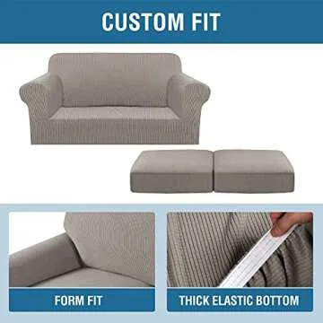 H.VERSAILTEX 3 Piece Stretch Sofa Covers for 2 Cushion Loveseat Couch Covers for Living Room Furniture Cover (Base Cover Plus 2 Seat Cushion Covers) Thicker Jacquard Fabric(Medium Sofa, Taupe)