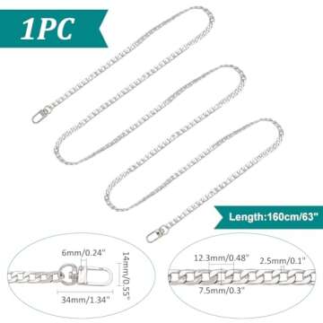 PH PandaHall 63 inch 7.5MM Width Iron Flat Purse Chain Strap Handbags Replacement Accessories for Wallet Clutch Satchel Tote Bag Shoulder Crossbody Bag with 2 Pieces Metal Buckles Silver