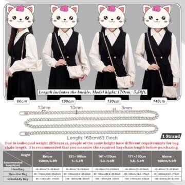 PH PandaHall 63 inch 7.5MM Width Iron Flat Purse Chain Strap Handbags Replacement Accessories for Wallet Clutch Satchel Tote Bag Shoulder Crossbody Bag with 2 Pieces Metal Buckles Silver