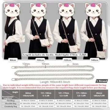PH PandaHall 63 inch 7.5MM Width Iron Flat Purse Chain Strap Handbags Replacement Accessories for Wallet Clutch Satchel Tote Bag Shoulder Crossbody Bag with 2 Pieces Metal Buckles Silver