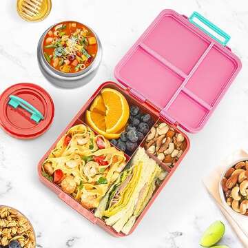 Bento Lunch Box for Kids With 8oz Soup Thermo,Leak-proof Lunch Containers with 4 Compartment,Thermo Food Jar, Food Containers for School(Vermilion)