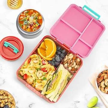 Bento Lunch Box for Kids With 8oz Soup Thermo,Leak-proof Lunch Containers with 4 Compartment,Thermo Food Jar, Food Containers for School(Vermilion)