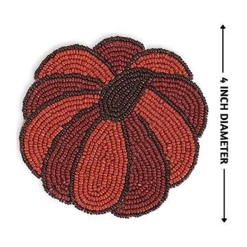 Folkulture Coasters for Table Decorations for Home, Pack of 4 Beaded Farmhouse Coasters, 4" Round Cute Boho Coasters for Table Décor, Rustic Bar Coasters for Drinks, Fall Decor, Pumpkin Decor