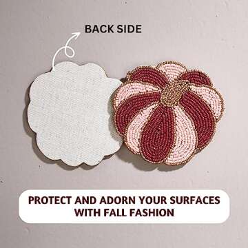 Folkulture Coasters for Table Decorations for Home, Pack of 4 Beaded Farmhouse Coasters, 4" Round Cute Boho Coasters for Table Décor, Rustic Bar Coasters for Drinks, Fall Decor, Pumpkin Decor
