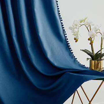 Pom Pom Curtains 95" Blue Blackout Curtains for Bedroom Living Room 95 inch Triple Weave Full Blackout Window Drapes for Hotel Men's Guest Room 52" w x2 Panels Rod Pocket Navy Royal Blue