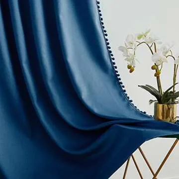Pom Pom Curtains 95" Blue Blackout Curtains for Bedroom Living Room 95 inch Triple Weave Full Blackout Window Drapes for Hotel Men's Guest Room 52" w x2 Panels Rod Pocket Navy Royal Blue