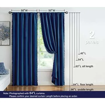 Pom Pom Curtains 95" Blue Blackout Curtains for Bedroom Living Room 95 inch Triple Weave Full Blackout Window Drapes for Hotel Men's Guest Room 52" w x2 Panels Rod Pocket Navy Royal Blue