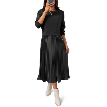 Wenrine Womens Sweatshirt Dress Casual Patchwork Long Sleeve Crewneck Pleated Fall Maxi Dresses Blac...