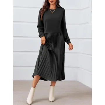Wenrine Womens Sweatshirt Dress Casual Patchwork Long Sleeve Crewneck Pleated Fall Maxi Dresses Black