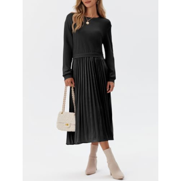 Wenrine Womens Sweatshirt Dress Casual Patchwork Long Sleeve Crewneck Pleated Fall Maxi Dresses Black