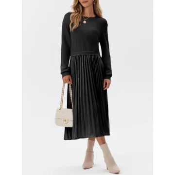 Wenrine Womens Sweatshirt Dress Casual Patchwork Long Sleeve Crewneck Pleated Fall Maxi Dresses Black