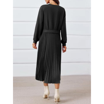 Wenrine Womens Sweatshirt Dress Casual Patchwork Long Sleeve Crewneck Pleated Fall Maxi Dresses Black