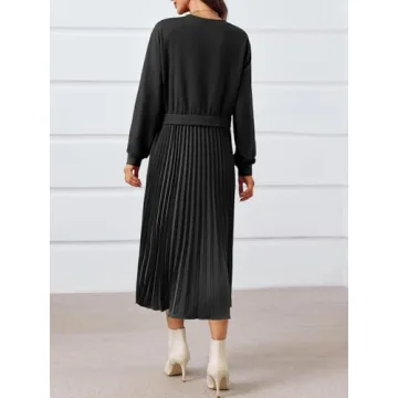 Wenrine Womens Sweatshirt Dress Casual Patchwork Long Sleeve Crewneck Pleated Fall Maxi Dresses Black