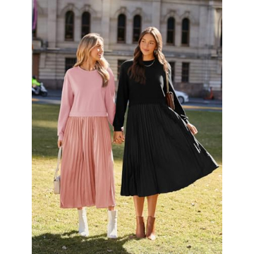 Wenrine Womens Sweatshirt Dress Casual Patchwork Long Sleeve Crewneck Pleated Fall Maxi Dresses Black
