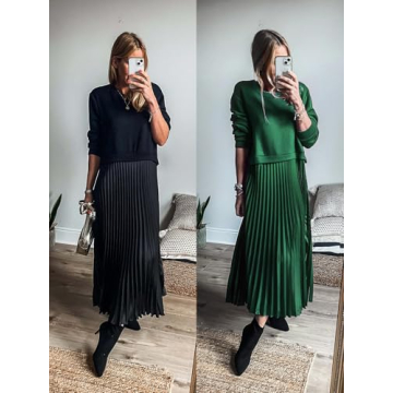 Wenrine Womens Sweatshirt Dress Casual Patchwork Long Sleeve Crewneck Pleated Fall Maxi Dresses Black