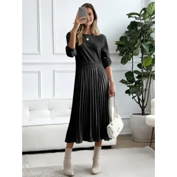 Wenrine Womens Sweatshirt Dress Casual Patchwork Long Sleeve Crewneck Pleated Fall Maxi Dresses Black